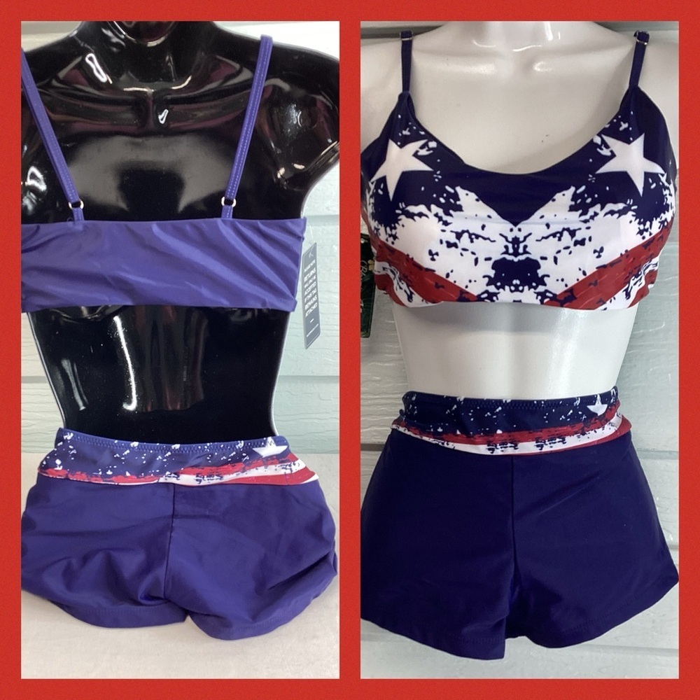Patriotic, red, white and blue two piece boy short swimsuit - Picture 4 of 6